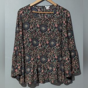 J. Crew Boho Bell Sleeve Floral Peplum Blouse Women's XL